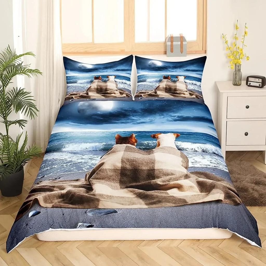 Cute Cat Dog Duvet Cover Set Pug Bedding Set Kawaii Puppy Animal Comforter Cover Valentine's Day Love Heart Wedding Quilt Covers