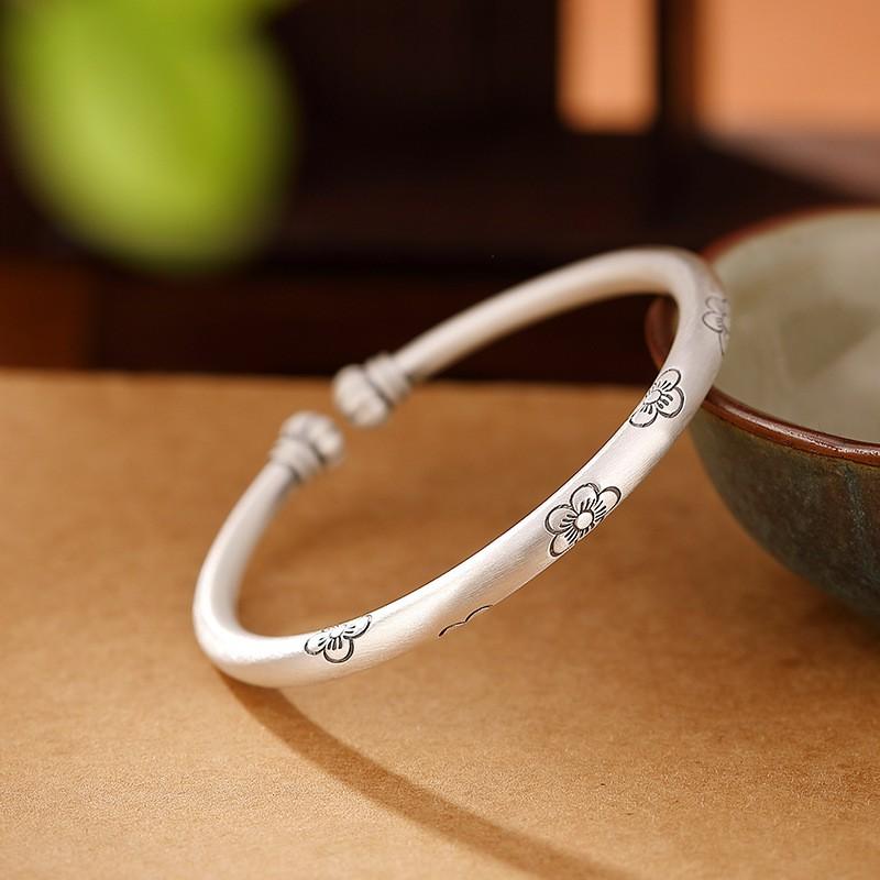 Vintage Floral Open Cuff Bracelet With Plum Blossom Motif Silver-Plated Copper Handcrafted Chinese Style