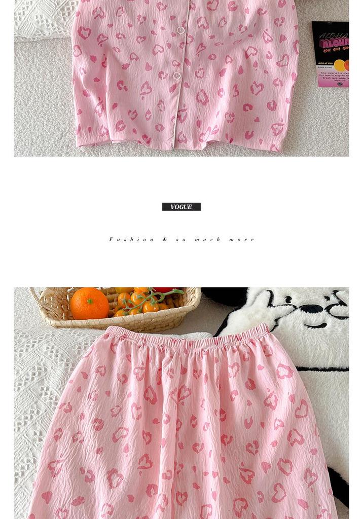 Women's Three-Piece Leopard Print Cotton Pajama Set: Short-Sleeve Top and Long Pants for Casual Summer Elegance.