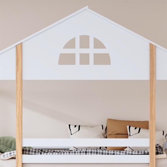 Bunk Bed with Fence Anti-fall Device Characteristic Windows Ladder Wood Frame Family Loft Bed Home