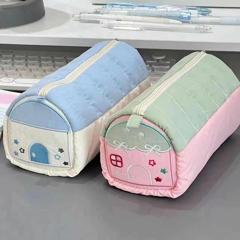 1Pc Multi Functional Embroidery Stationery Box Large Capacity Pen Bag Simple Stationery House Pencil Case Cotton Pen Storage Bag
