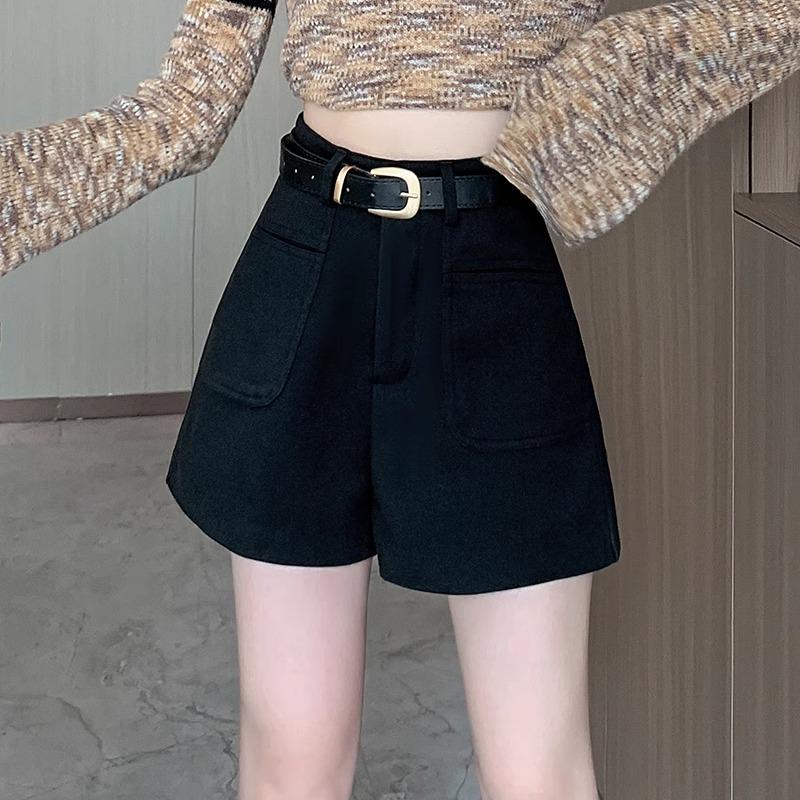 2024 High-Waisted Woolen A-Line Shorts for Women - Autumn/Winter Petite Coffee Tone Casual Bootcut Style.