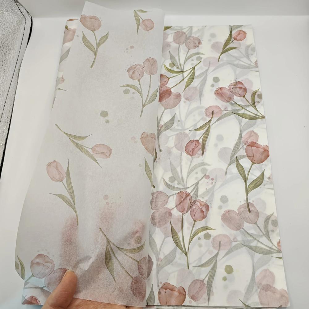Floral Tulip Patterned Tissue Paper Gift Wrapping with Green Leaves Wine Bottle Wrapping Paper Double-Sided Box Filling Paper