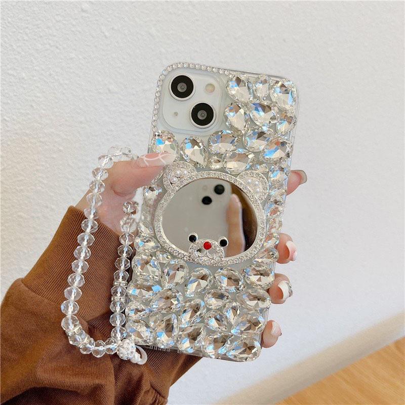Apple 17 ProMax Phone Case for iPhone 15 with Heart, Small Bear, Rabbit Mirror, Hand Strap, Rhinestones 