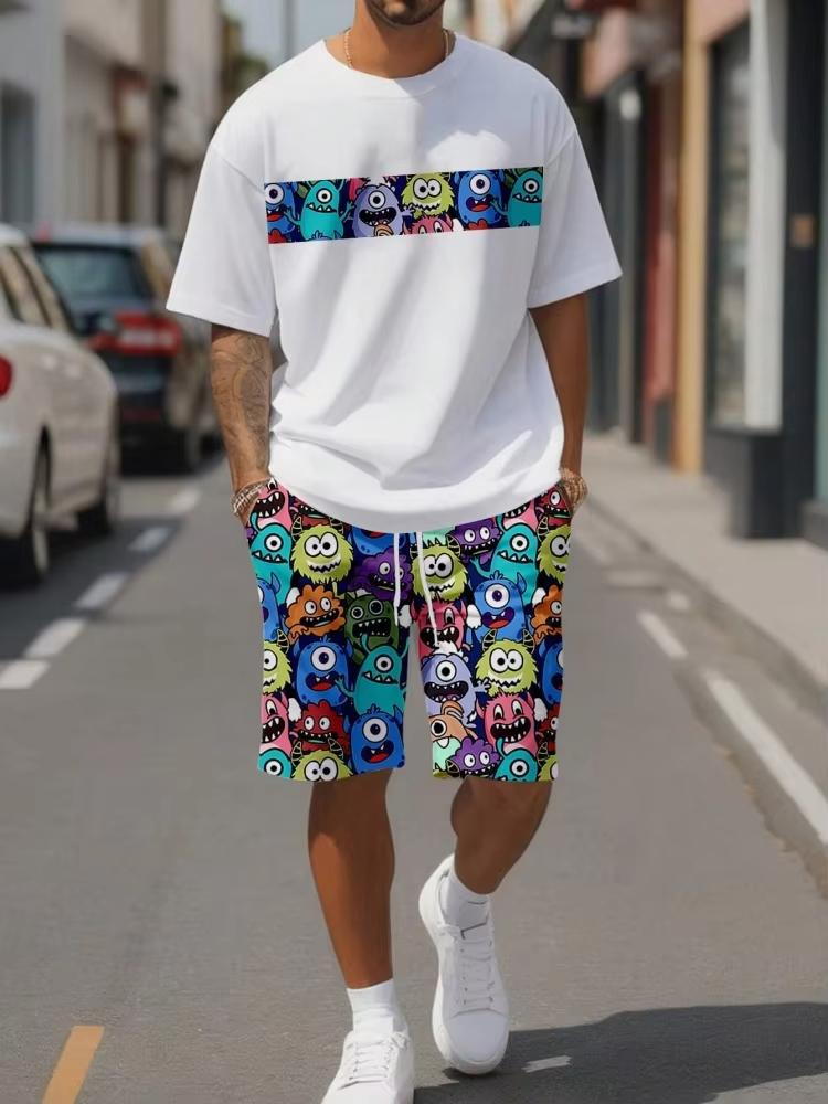 Sommer Lässiger Herren Anzug Niedlicher Cartoon 3D Druck Urbane Mode Straße Kurzärmeliges Oberteil und Shorts Lässig Leicht Atmungsaktiv 6XL white