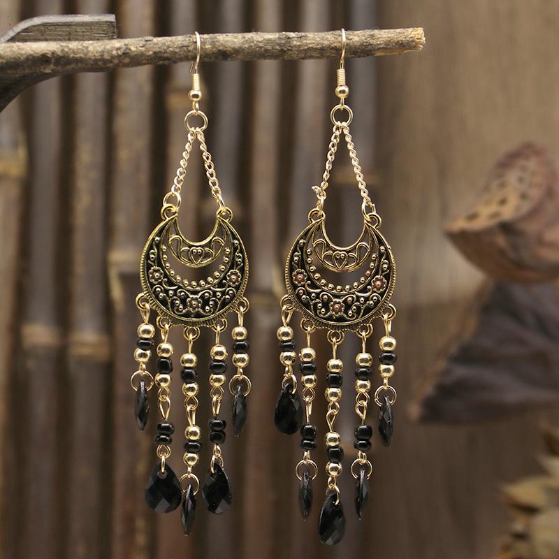 

Ретро этнический стиль полумесяц длинные серьги женские богемные серьги капающие масло путешествия фотография Юньнань модифицированное лицо чёрный