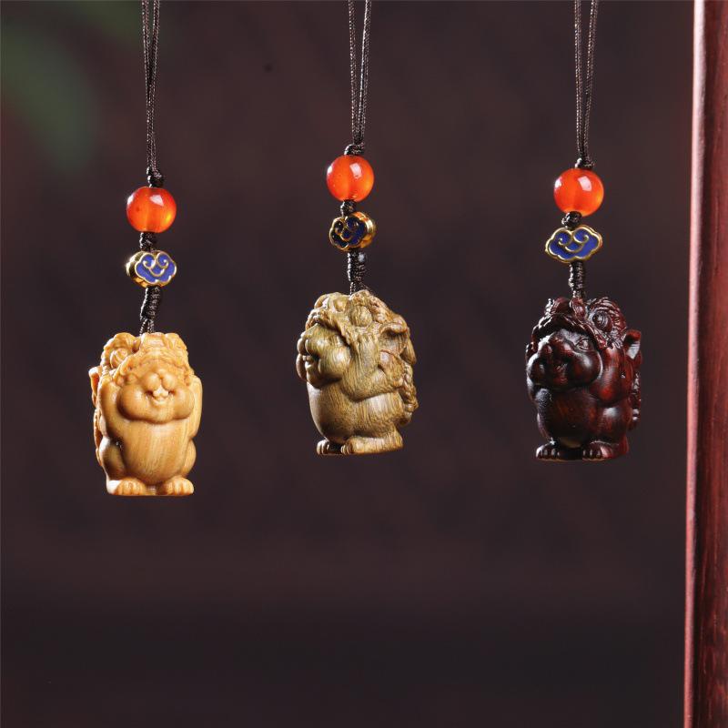 Waking Lion Zodiac Rabbit Wood Carving Keychain Pendant Ornament Gift
