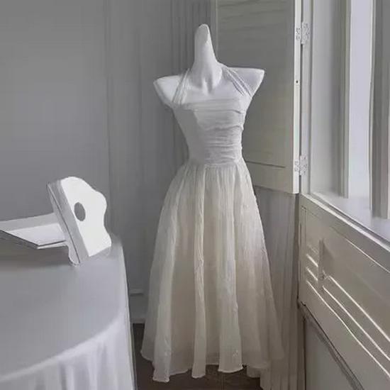 2024 Summer Elegant Halterneck Embroidered Dress for Women - Slimming, Stylish, Long Minority Design