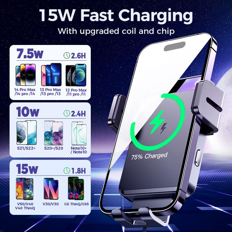 15w Qi Fast Charging Phone Holder Mount Auto-clamping Alignment Windshield Dashboard Car Charger For Iphone Samsung
