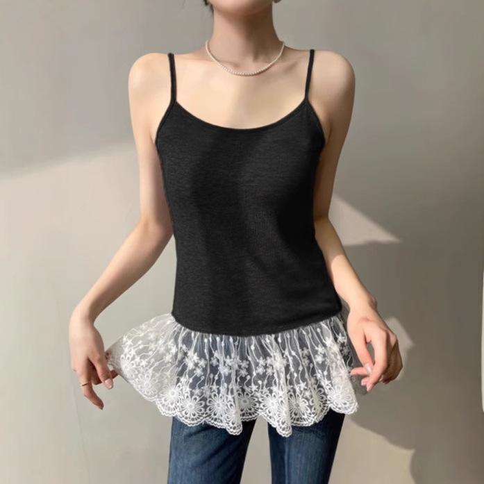 

Кружевной топ-камезоль с пэчворком: Женский летний 2025 приталенный, элегантный, топ без рукавов в стиле hot girl One Size (Recommended for under 125 jin) чёрный