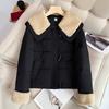 New doll collar contrasting color fashionable splicing horn buckle short cotton coat long sleeve jacket
