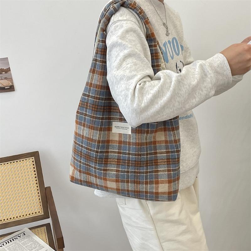 2 fashionable versatile woolen retro plaid shoulder cloth bag women's casual autumn and winter portable commuter vest bag