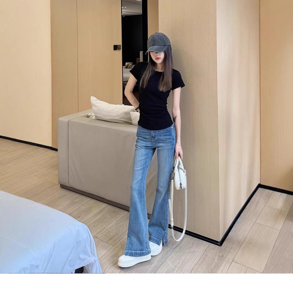 Jaro/Léto Influencer Strečové Džíny s Vysokým Pasem, Rozparkem a Širokými Zvonovými Nohavicemi - Petite Casual Wear