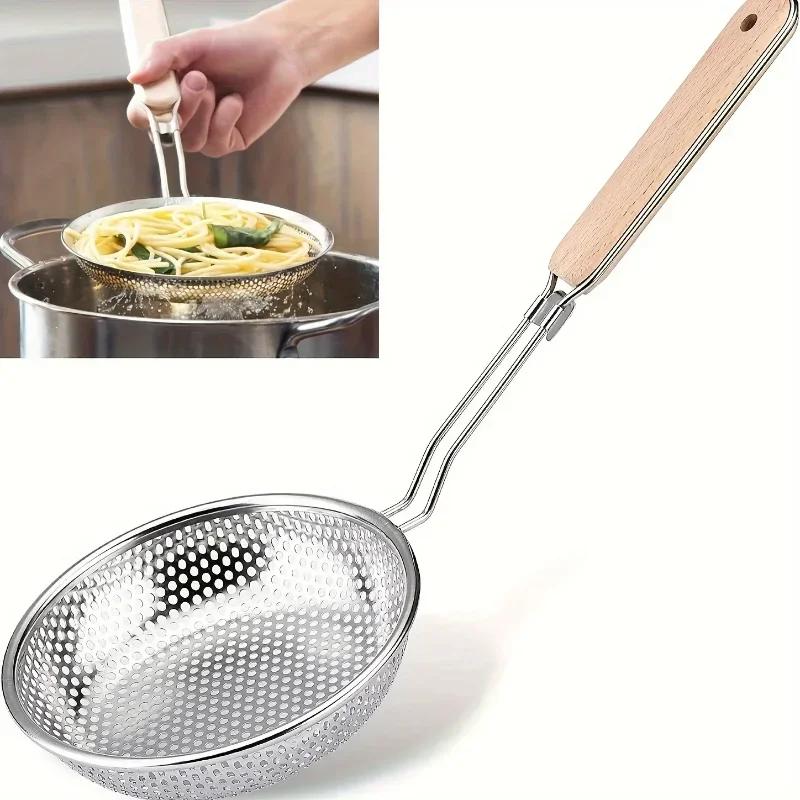 New Stainless Steel Colander with Wooden Handle Fine Mesh Skimmer Spoon for Cooking Food Prep Grease Filtering for Pasta Noodles