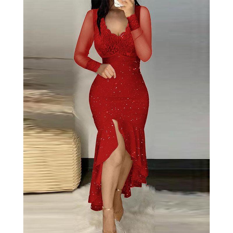 

Сексуальное платье с V-образным вырезом, кружевными оборками Женское сексуальное платье с V-образным вырезом, кружевной отделкой и оборками Red XL