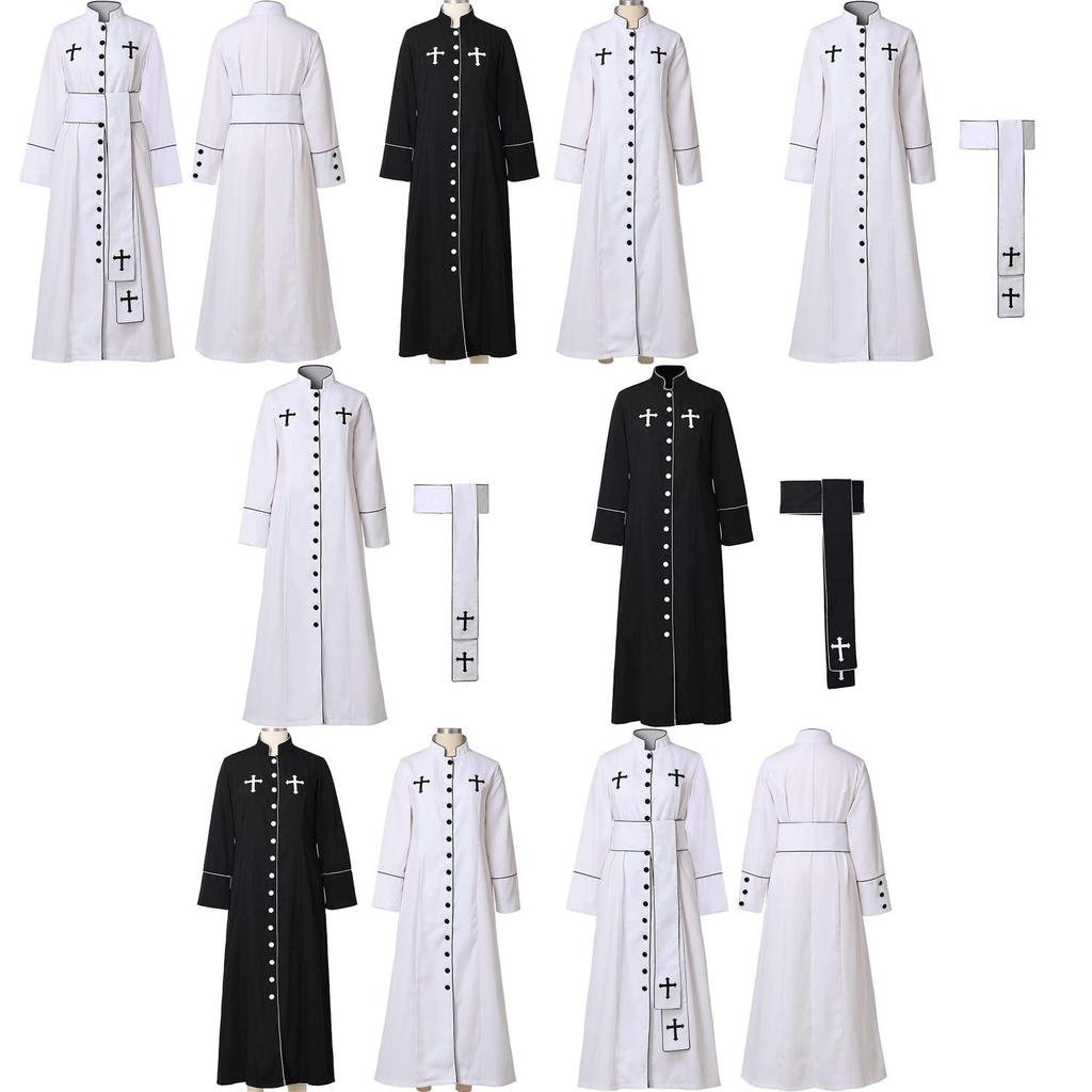 Women's Priest Robe With Stand Collar Roman Cassock Belt Street Style White/black Xs-5xl
