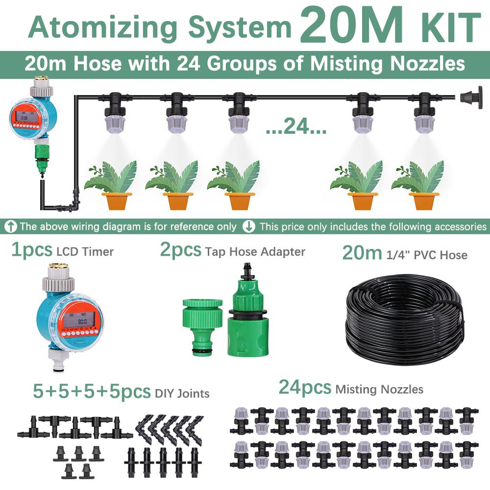 30-10m 60W Self-priming Pump Kit Misting Cooling System 1/4" 4/7mm Adjustable Nozzle Atomizer Sprayer Garden Irrigation Watering