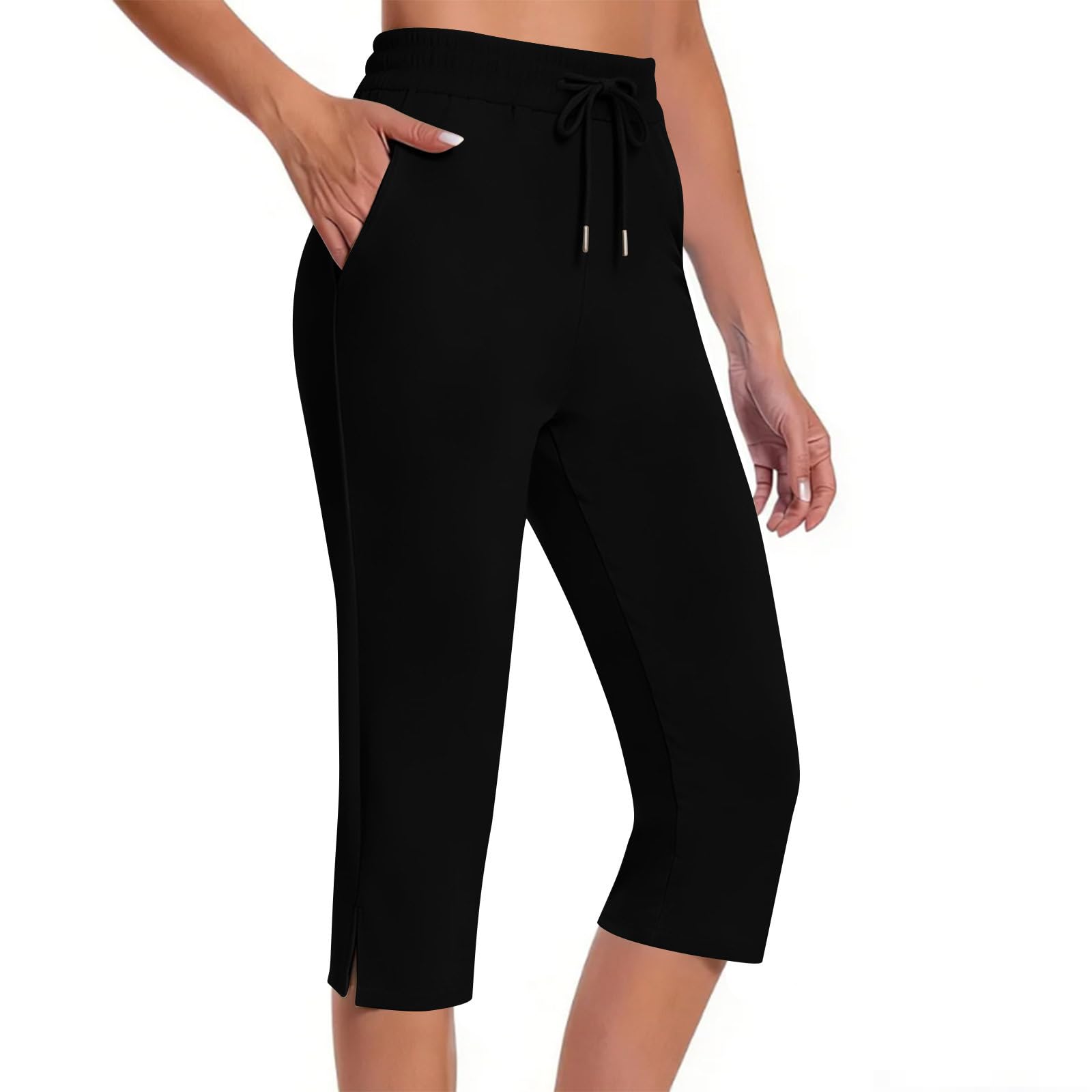 

Women s Fashionable Color Drawstring Pocket Pants With Split Legs, High Waist Sports And Leisure Capris L чёрный