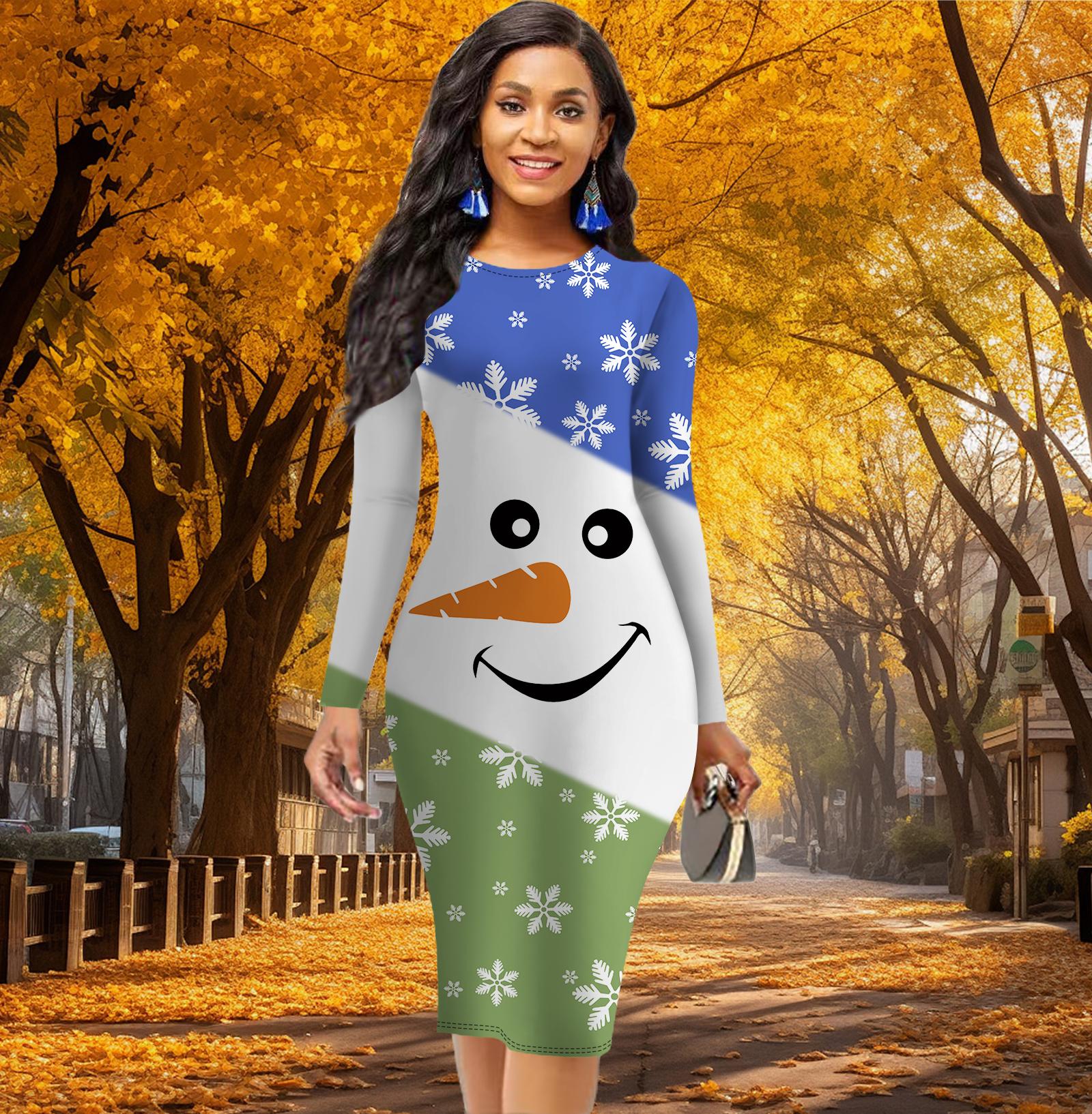 

Длинный рукав, облегающее офисное платье с цветным принтом снеговика, элегантное облегающее платье 8XL темно-синий