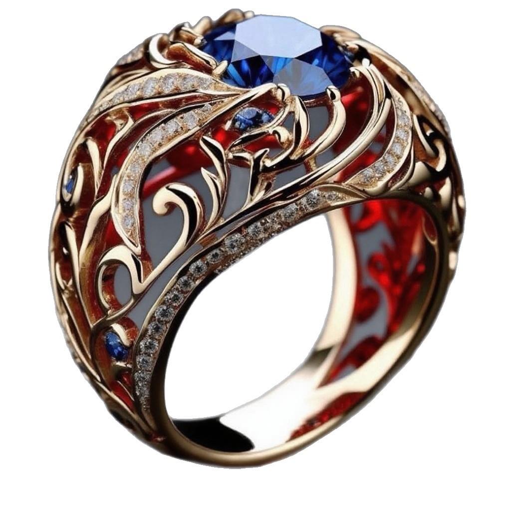 Retro Women's Diamond Sapphire Ring - Versatile European & American Style by SHEIN