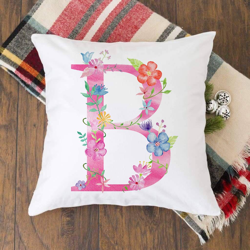 Pink Alphabet Flower Printed Cushion Cover Pillowcase English Letter A-Z Home Decorative Sofa Bed Backrest Pillow Cover 45*45cm