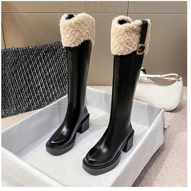 Women Knee High Chelsea Boots Keep Warm Boots for Women Fur Zipper Female Platform Boots Plush Edge Women Shoes New