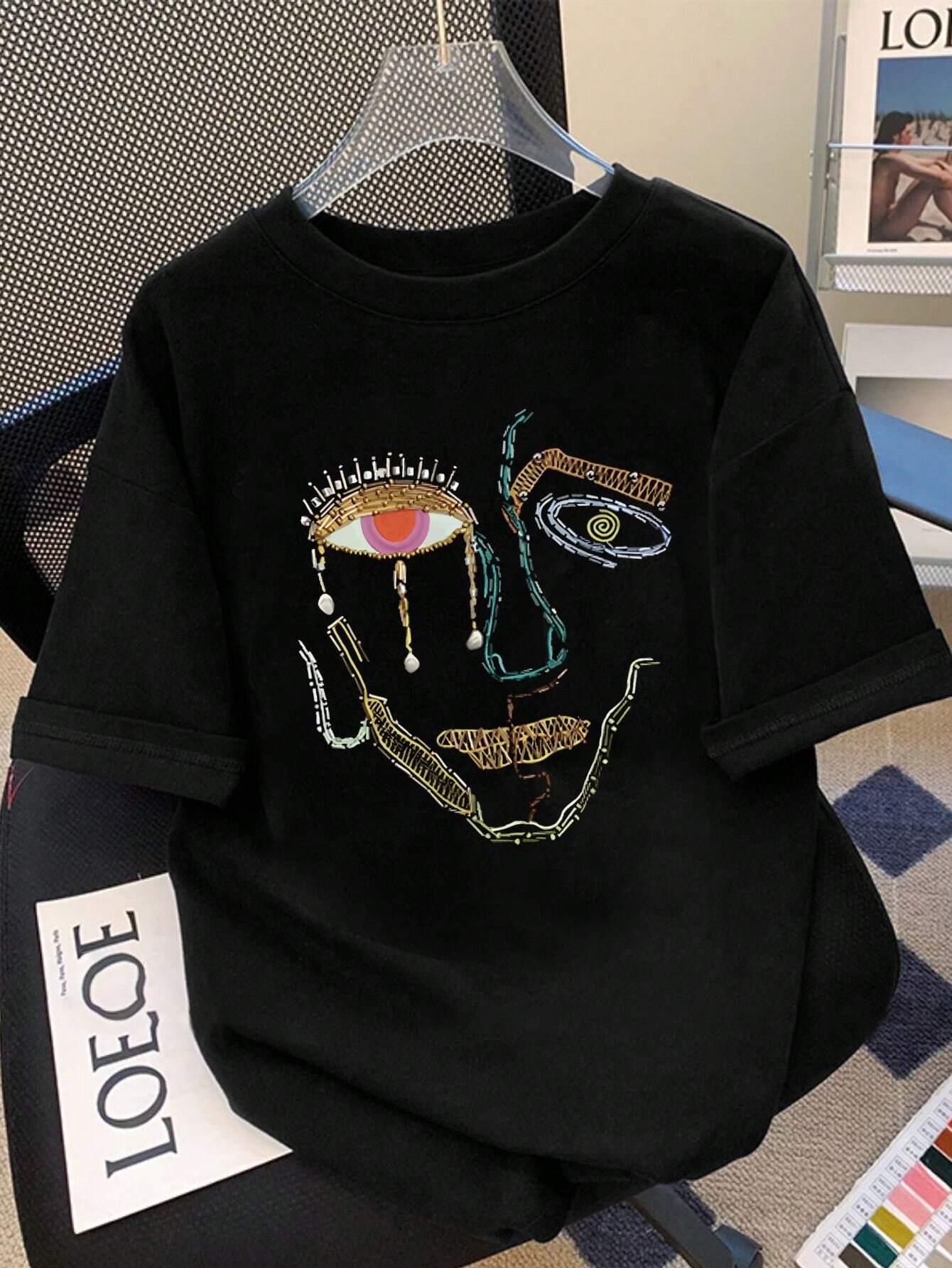 

100 Cotton TShirts For Women Color Graffiti Womans Face Printing Clothes Street Fashion Tops Loose Casual Short Sleeve Tees 4XL