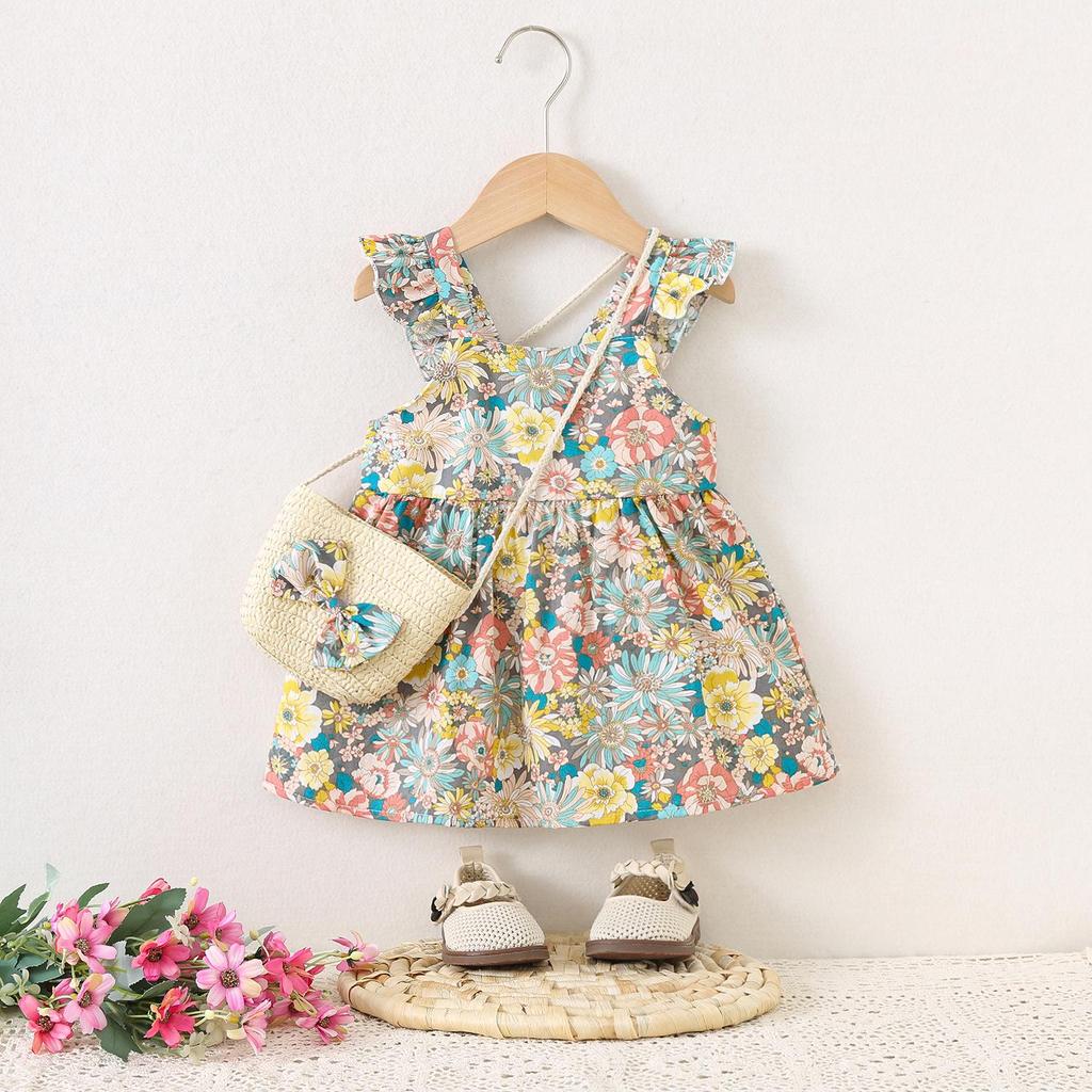 Summer Baby Girl Flutter Sleeve Dress with Bag - Princess Toddler Outfit, All-Over Print.