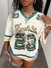 Women's V Neck Mesh Short Sleeve Jersey T-Shirt Loose Streetwear Camo Number Graphic Print Oversized Football Tee