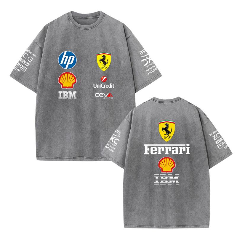 Vintage Washed Black Ferrari F1 Racing T Shirt Oversized Short Sleeve Tee Retro Motorsport Sponsor Logo Print Casual Streetwear Loose Top