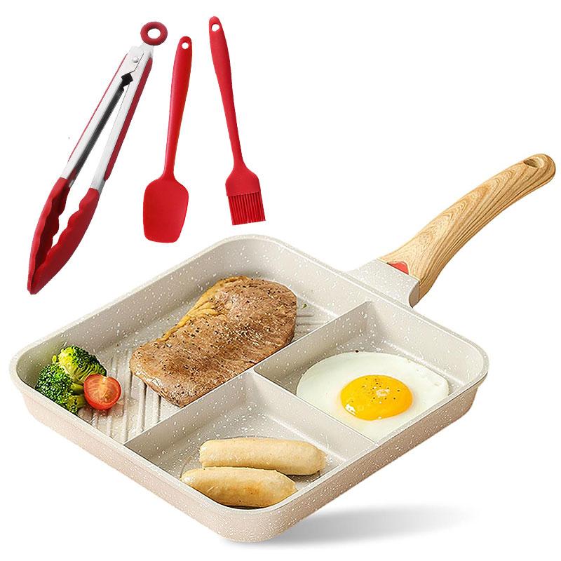 Nonstick 3-in-1 Divided Frying Pan Aluminium Square Big Grill Skillet with Bakelite Handle Omelette Egg Breakfast Frying Pan