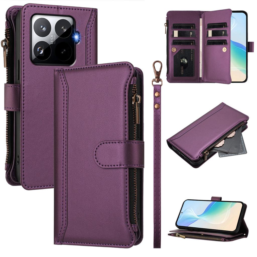 Pro Xiaomi 15T Pro Kožené pouzdro 9 přihrádek na karty Peněženka na zip Stojánek Kryt na telefon s poutkem na zápěstí