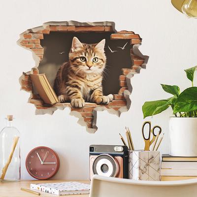 Cartoon Spaß gebrochen Wand Katze Schlafzimmer Wohnzimmer Veranda Hintergrund verschönern Wandaufkleber selbstklebend