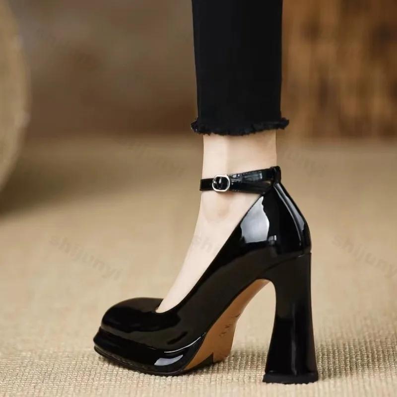 

Fashion Ladies High Heels 12cm French Mary Jane Shoes Thick Heel 2025 New Waterproof Platform Super Single Shoes Sandalias De Tacón 34