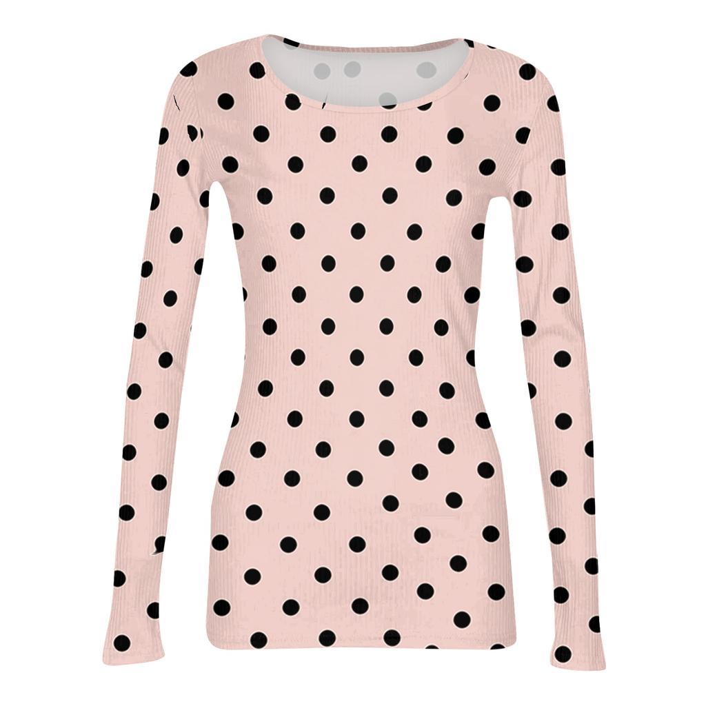 Women's Casual Polka Dot Long Sleeve Top, Round Neck Ribbed Blouse for Daily Wear
