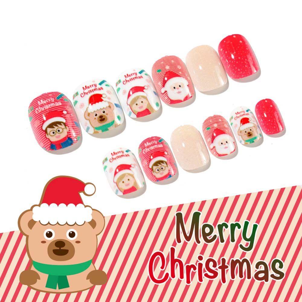 Round Head Wearable Acrylic Artificial Nail Full Cover Nail Tips Christmas Series False Nails Kids Fake Nail Manicure Tool