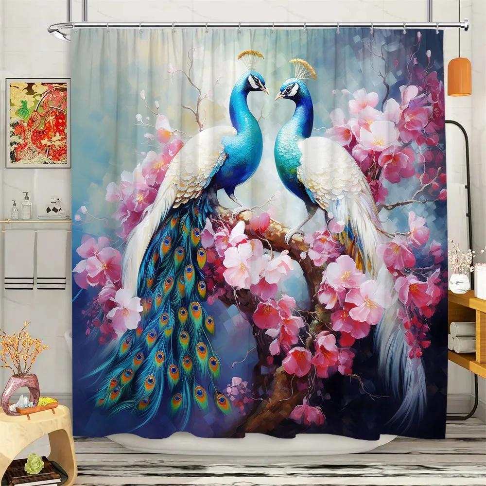 Peacock Shower Curtain Tropical Plant Flower Leaf Landscape Vintage Oil Painting Elegant Polyester Fabric Bathroom Decor Curta