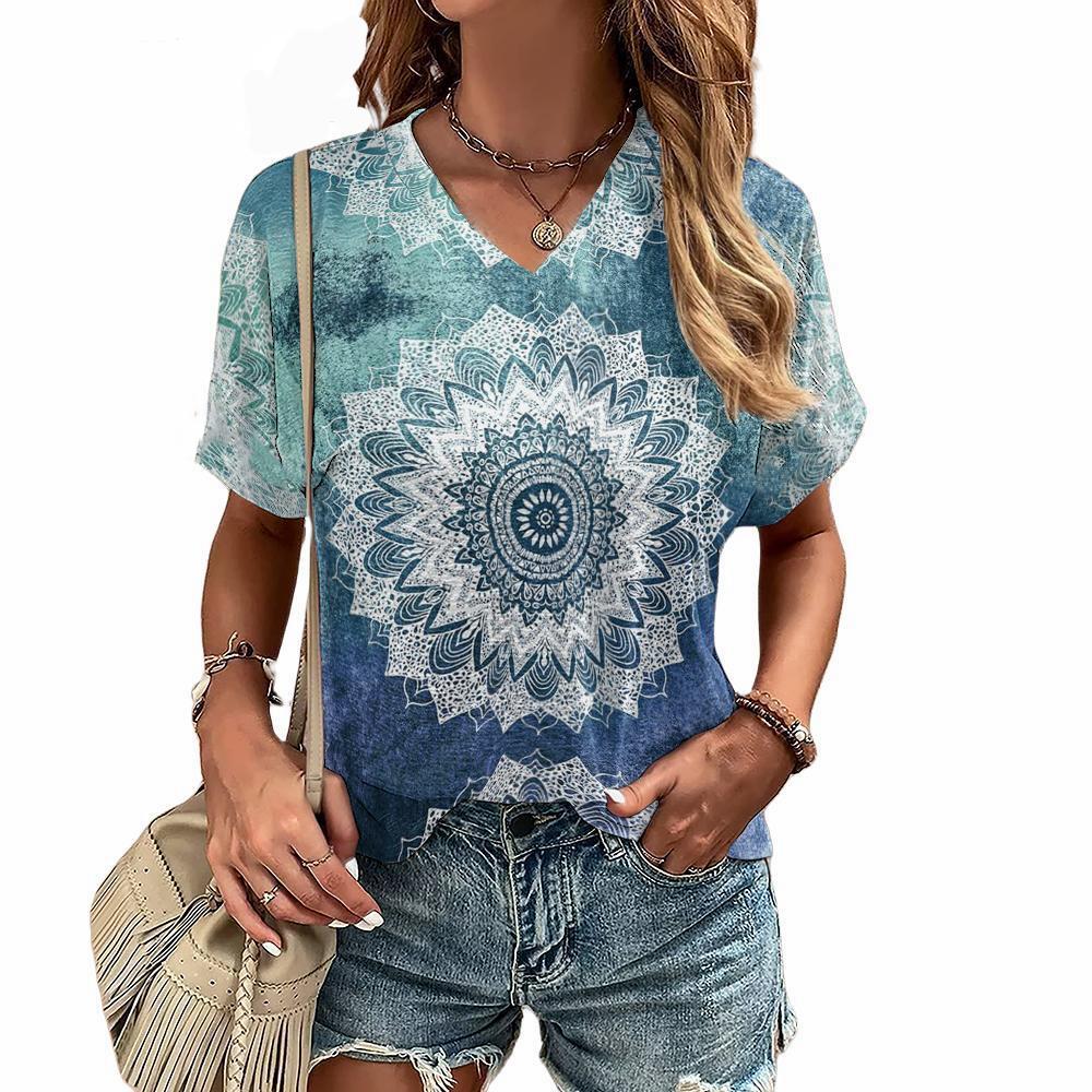 Bohemian Pattern 3D Printed T-shirt for Women's Summer V-neck Short