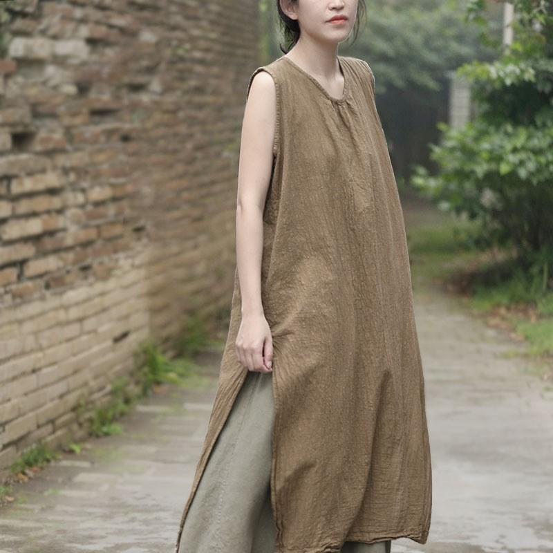 Johnature Women Vintage Sleeveless Dress O-Neck Summer Cloths Solid Color A-Line Dresses