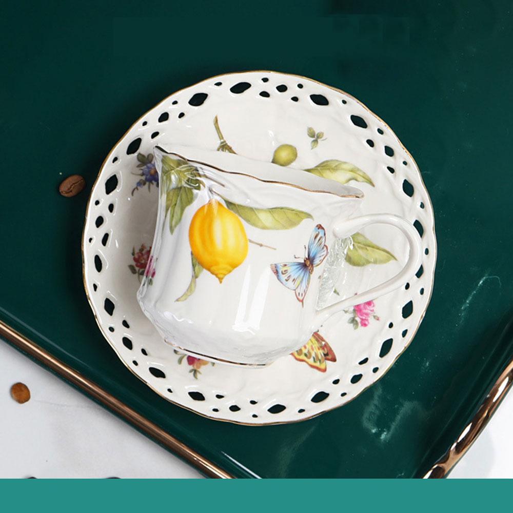 European Ceramic Lemon Butterfly Coffee Cup and Saucer Set with Spoons British Afternoon Tea Set 100ML Small Capacity