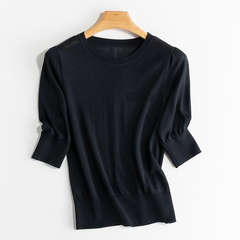 Summer new mulberry silk thin and versatile basic five-quarter-sleeved medium-sleeved knitted sweater solid color thin round neck shirt women
