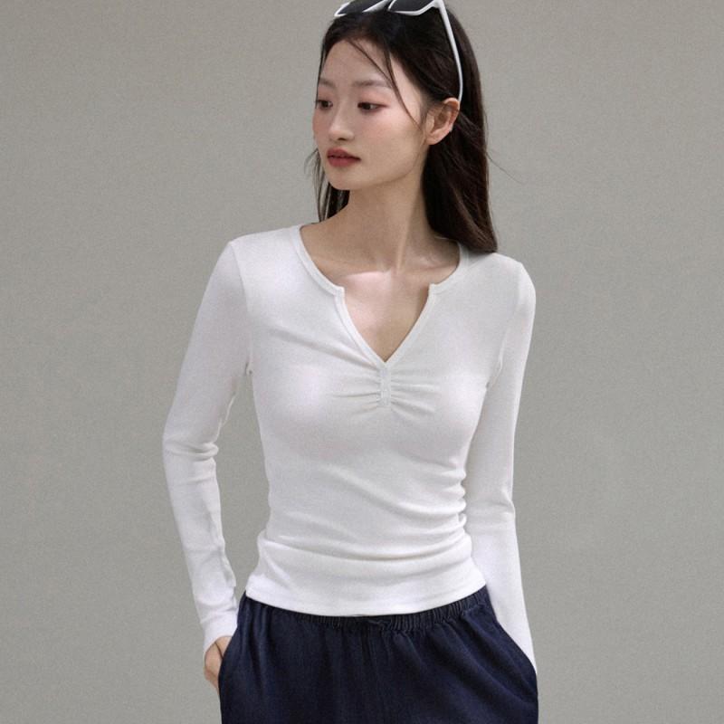 Womens Elegant V-Neck Long Sleeve T-Shirt With Pleated Detail Soft Modal Blend Slim Fit Office Daily Wear