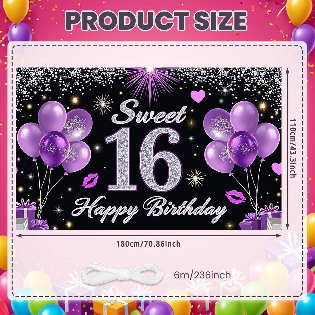 16th Birthday Display Heart Accent Sweet 16 Banner Backdrop Golden Number Sweet Celebration Display For Photo Backdrop Birthday