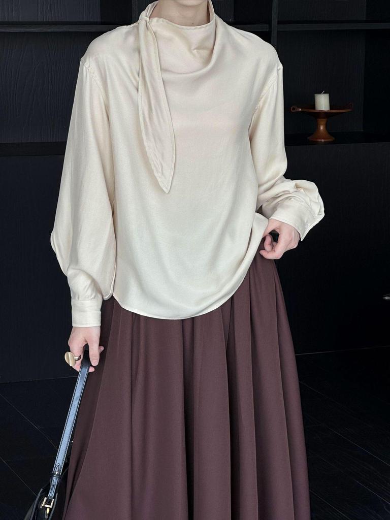 Ju Zhi 2024 Autumn Chic Slimming Irregular Drape Ribbon Shirt for Women 4533