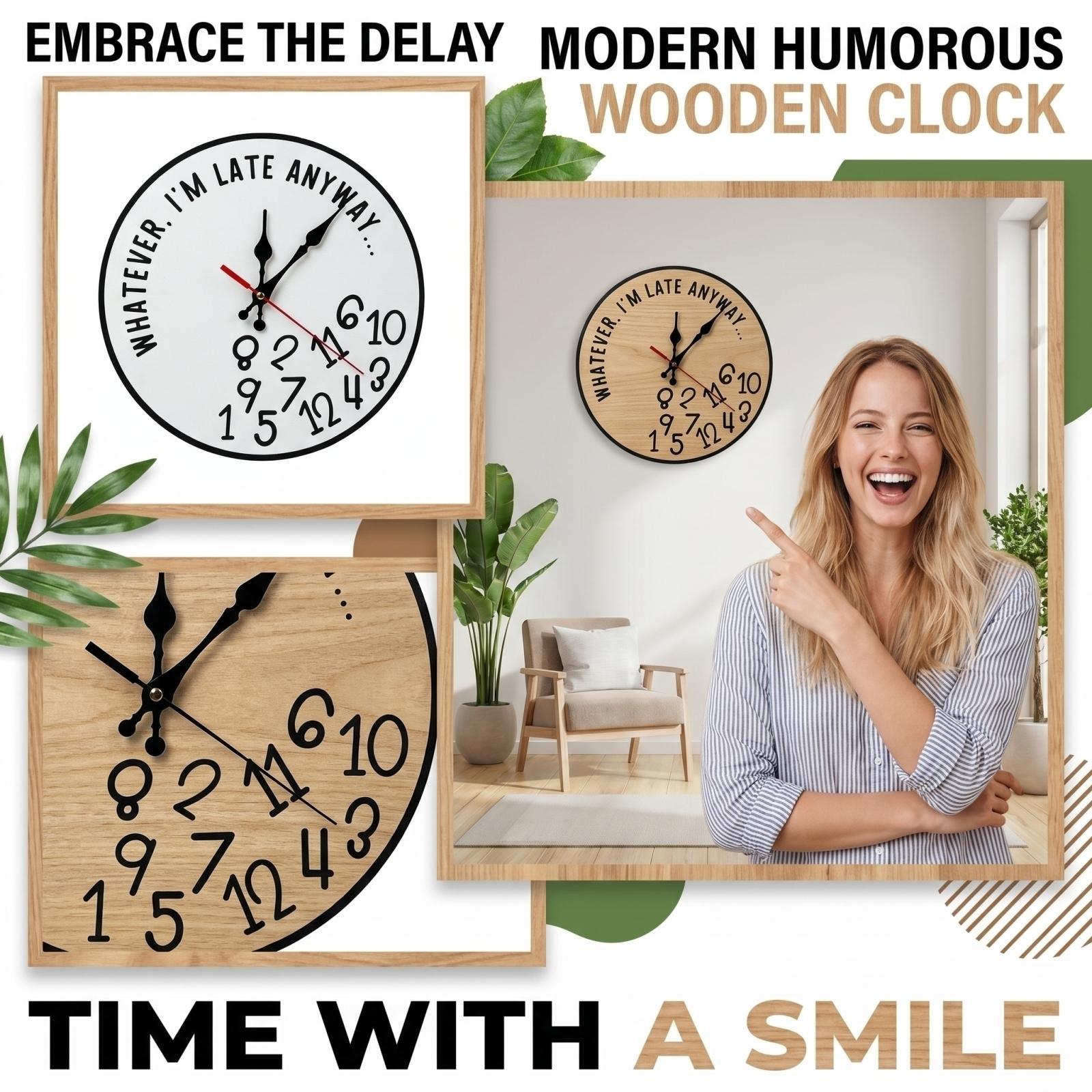 

Modern Minimalist Round Wooden Wall Clock with Humorous Typography Design Silent Non-Ticking Quartz Movement Battery Not Included One Size білий