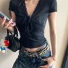 Short-sleeved t-shirt women's new summer short-sleeved slim-fit lace splicing beautiful V-neck small top
