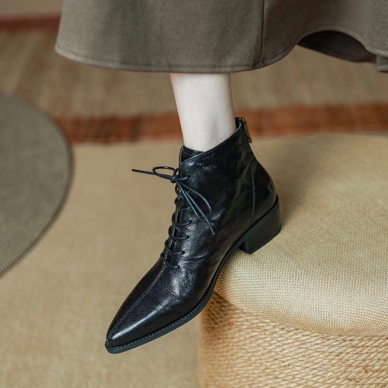 2024 Nye Høst Snørestøvletter for Kvinner Spiss Tå Tykk Hæl Støvletter Ekte Skinnsko for Kvinner Konsise Svarte Ankelstøvletter