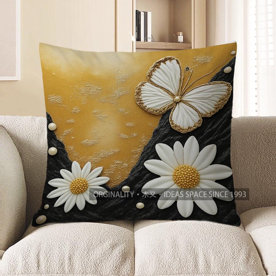 Home Decor Black Butterfly & Golden Flowers Pillow Cover Pattern Cushion Cover Suitable For Sofa Bedroom Car Pillow Cover