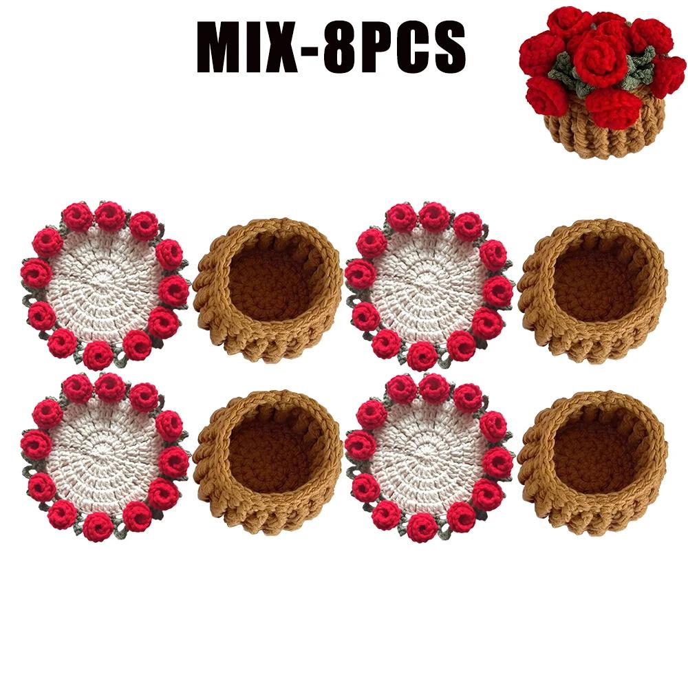 Hand Held Rose Bouquet Coasters Handmade Wool Crochet Cups Transformed Into Creative Birthday Gift Flower Coasters