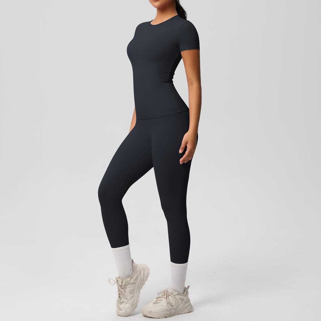 Solid Color Double-sided Brushed Breathable High Elasticity Tight Yoga Suit Set, Sports Running Fitness Two-piece Set